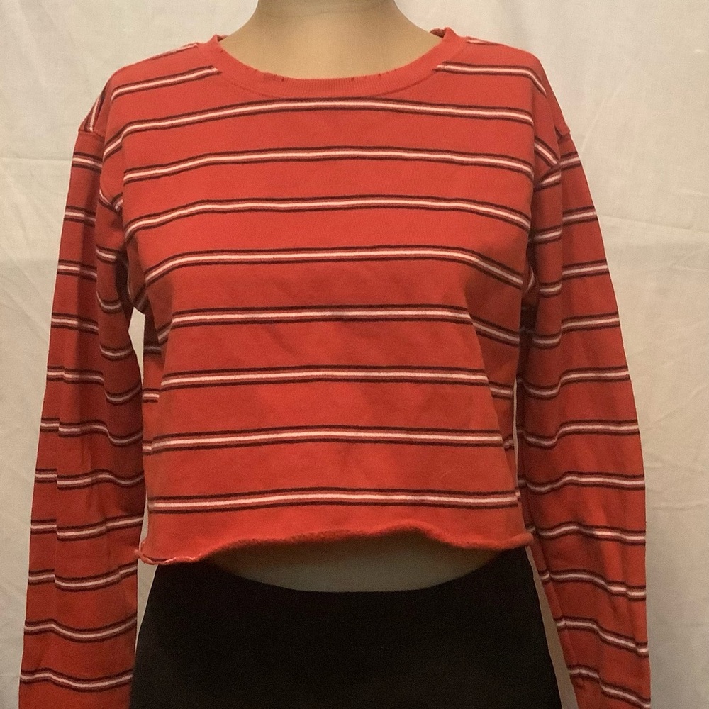 Forever 21 Striped Crop Top with Raw Edged Bottom and Distressed Sleeves/Collar